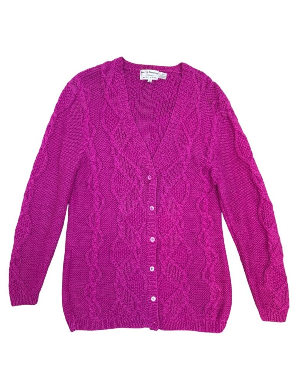 Vintage Lauren Hansen Size S Hand Knit Raspberry Pink Cable Knit Cardigan Cozy - Picture 11 of 16